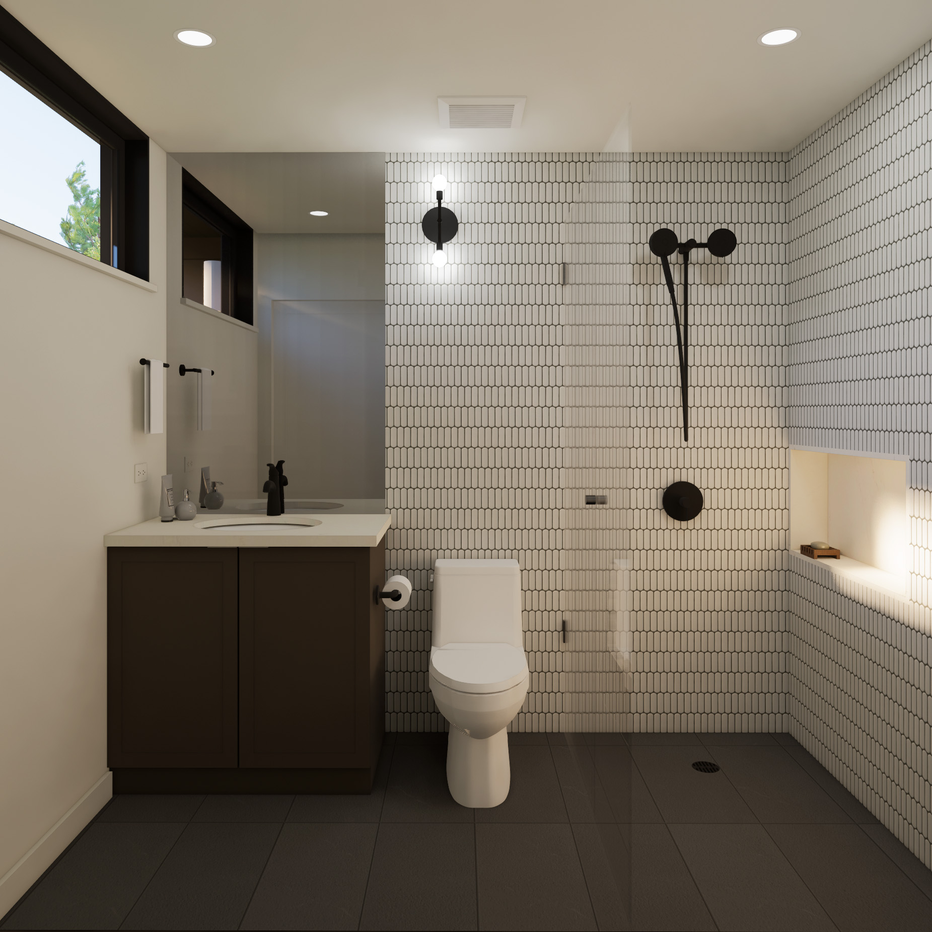 Flex bath with picket tile shower and dark vanity