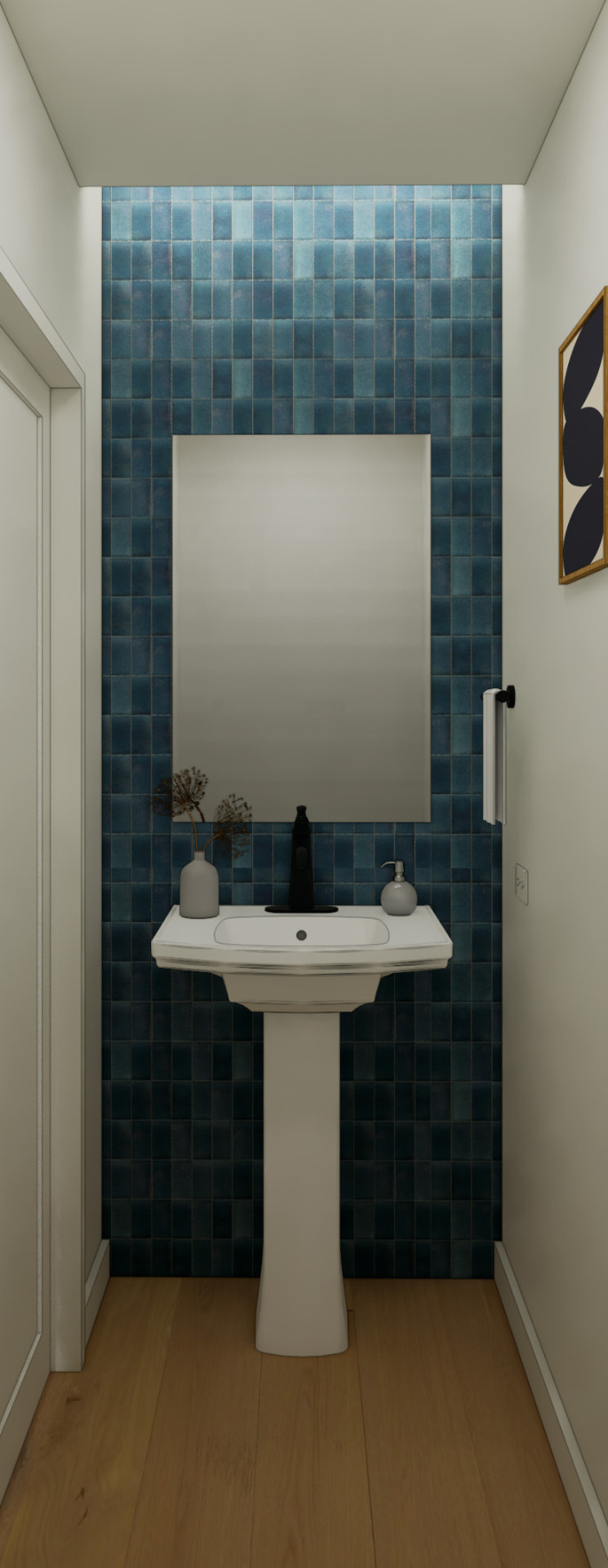 Powder bath with deep blue Heath Ceramics tile and pedestal sink