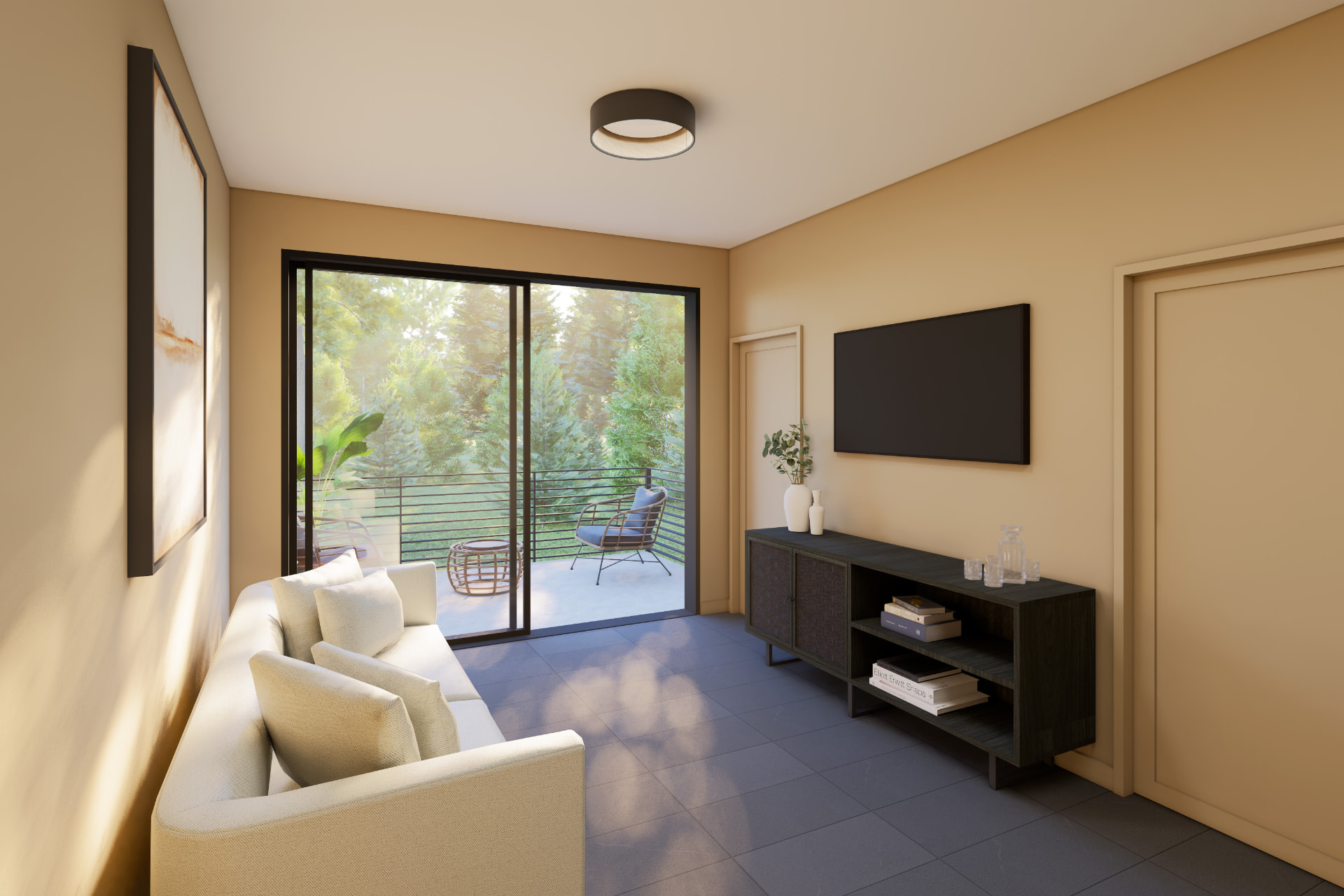 Flex room in the warm wall color with balcony access