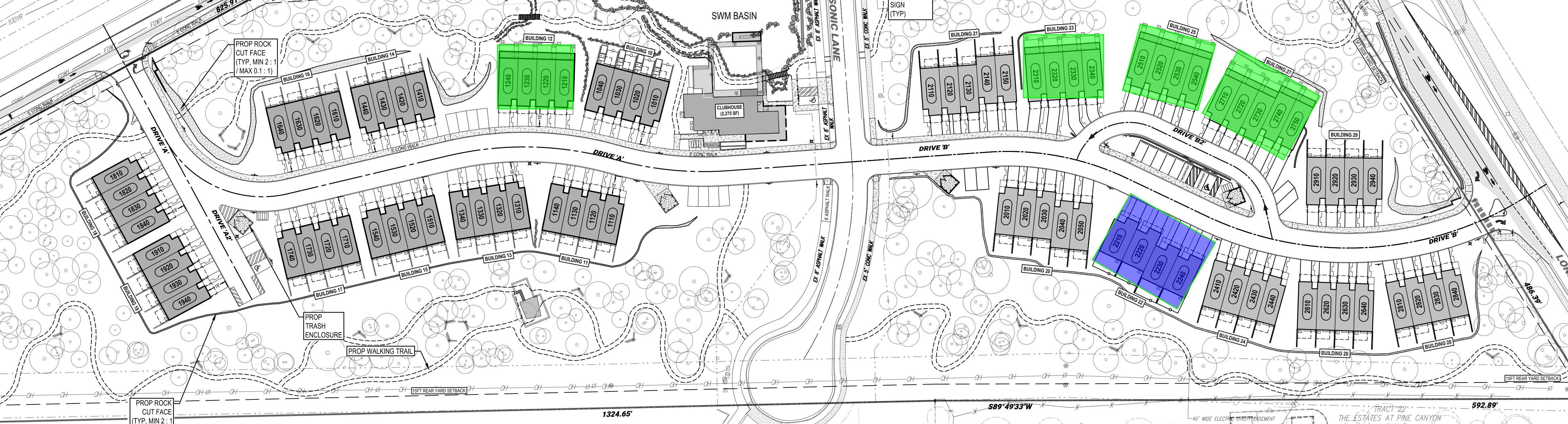 Pinehaven site plan showing all 83 residences by unit number