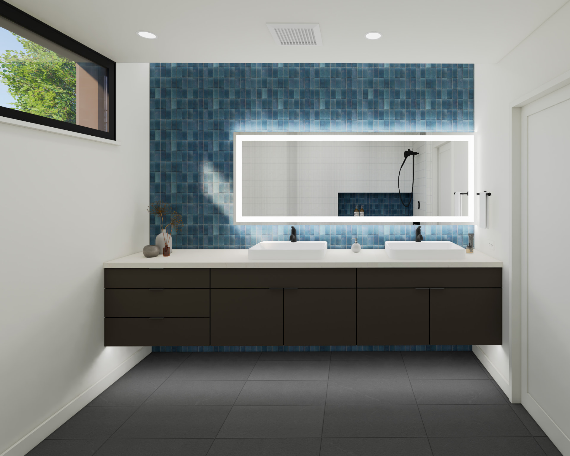 Primary bath vanity wall with deep blue Heath Ceramics tile