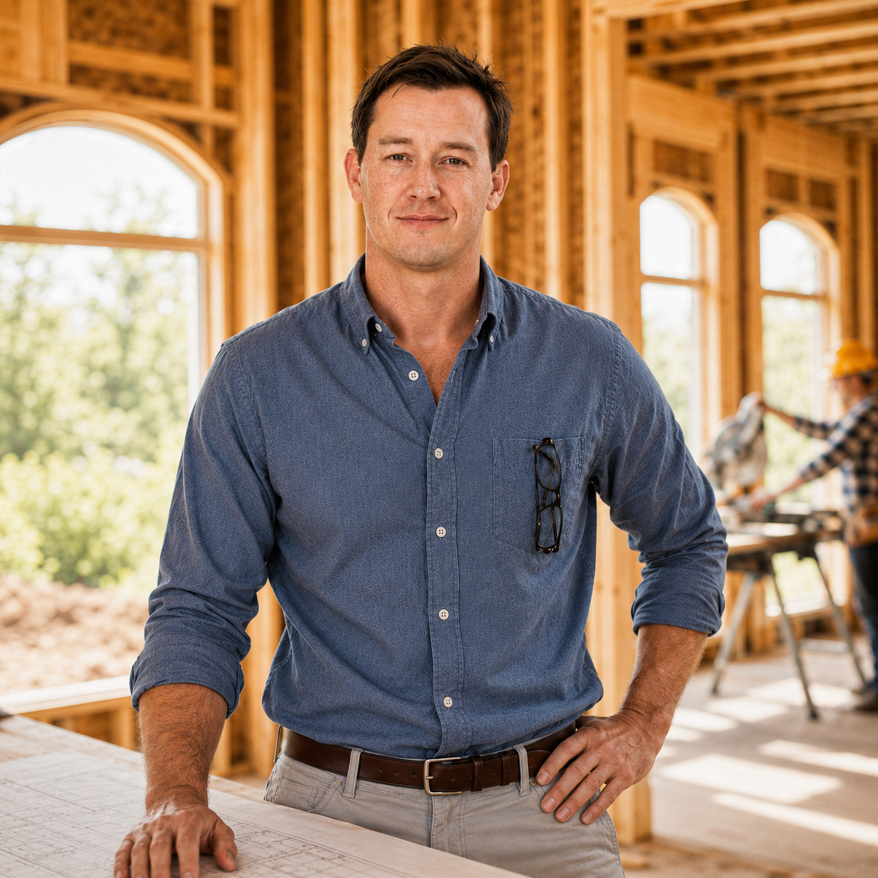 Tom Staub, CEO of Red Oak Development Group, at his desk with Pinehaven plans