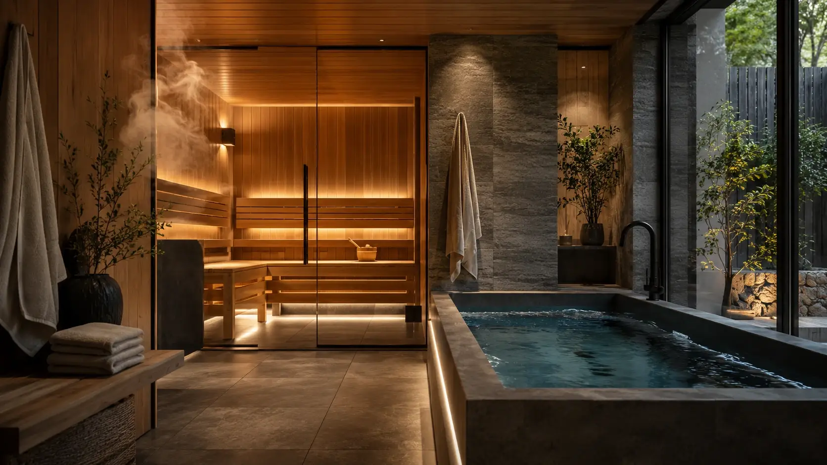 The Pinehaven wet room with Spanish cedar sauna and cold plunge pool